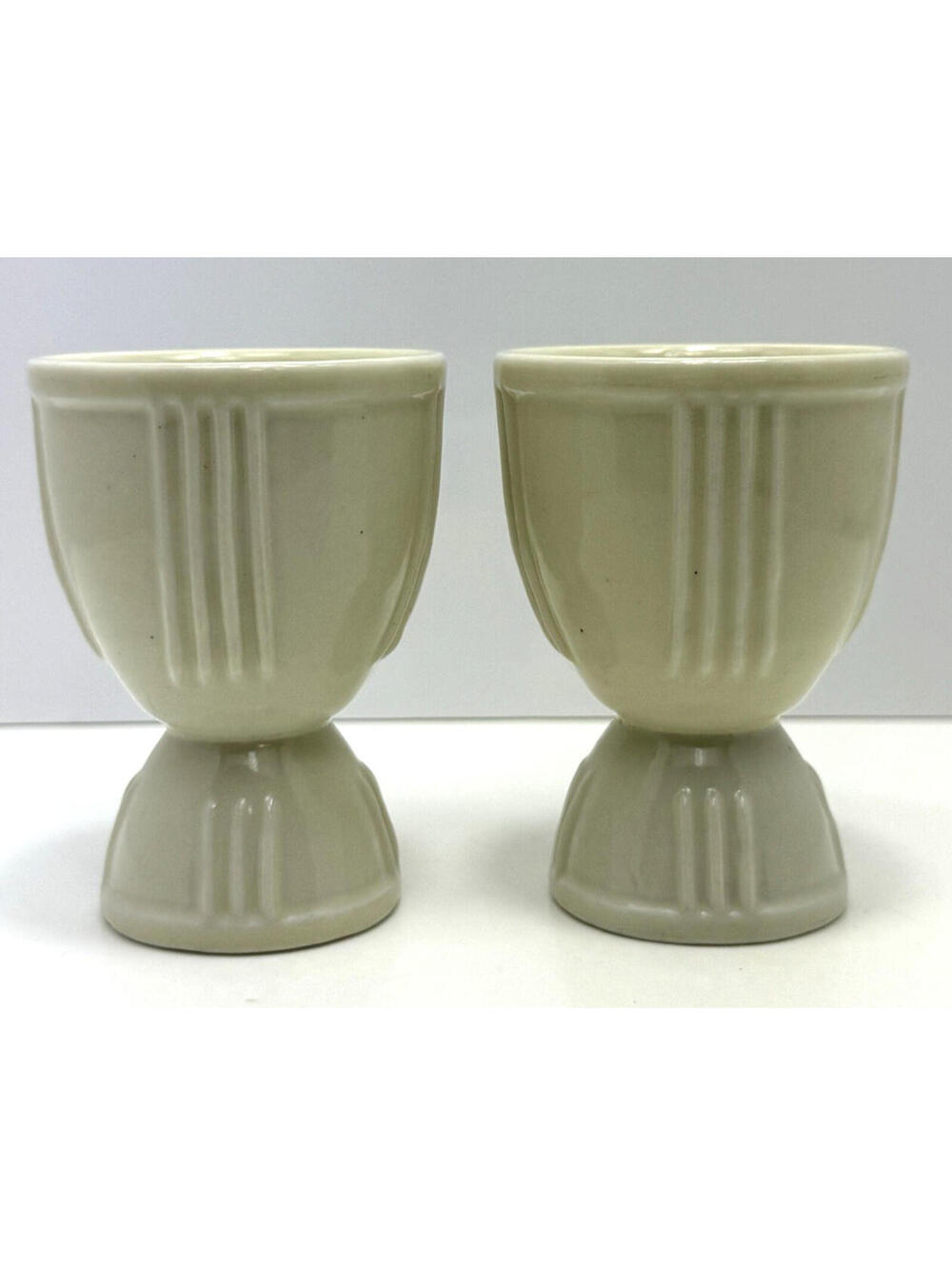 Vtg 40s Ceramic Double Egg Cup Cream Beige Ribbed Lines Set of 2 Hankscraft